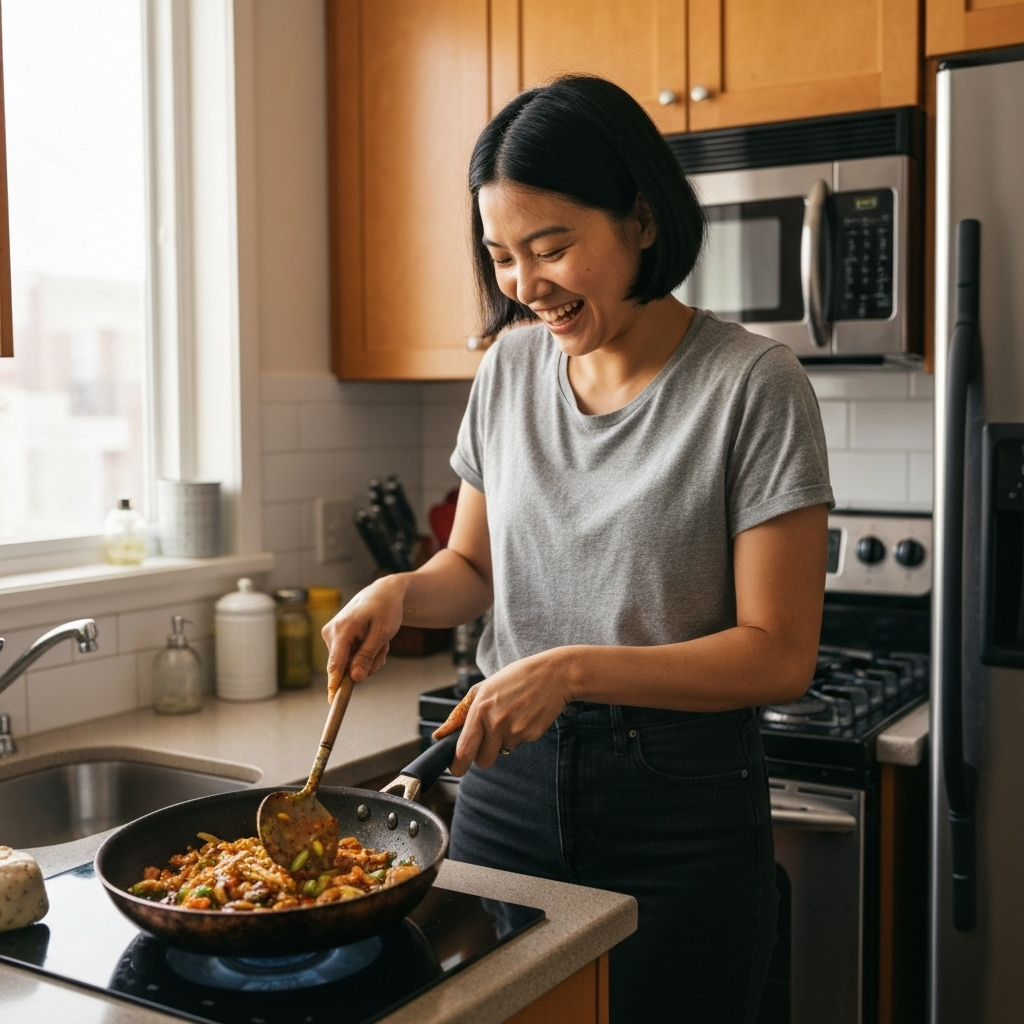 Professional woman cooking with JellyBoxes ingredients